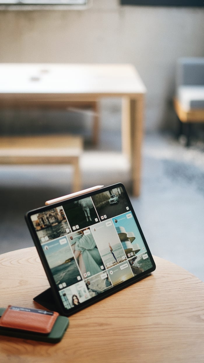 A digital tablet displaying photos, set on a wooden table in an Istanbul café.